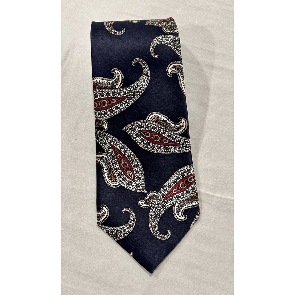 Oscar de la Renta Couture Mens Silk Tie Navy Blue/Burgundy Paisley Pattern